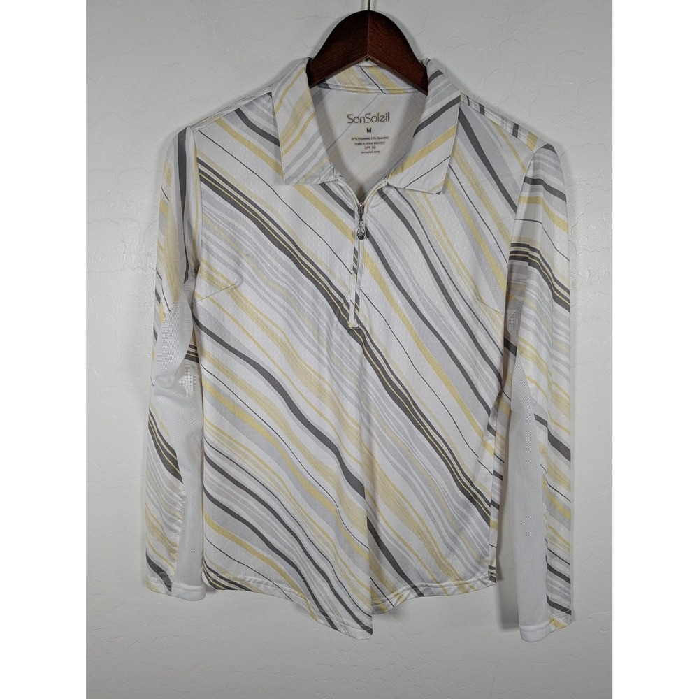 SanSoleil Shirt Womens Medium Yellow Gray Striped Long Sleeve UPF 50 Golf Tennis